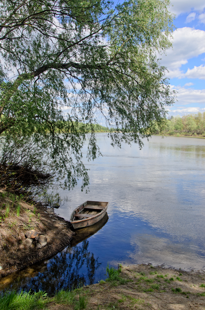Пейзаж с лодочкой берег, лодка, река