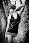 b & w girl in woods