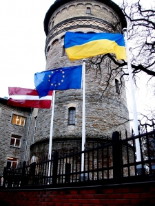 Flags near the ancient tower in Tallinn