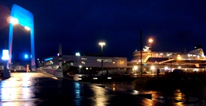 Seaport at night after rain