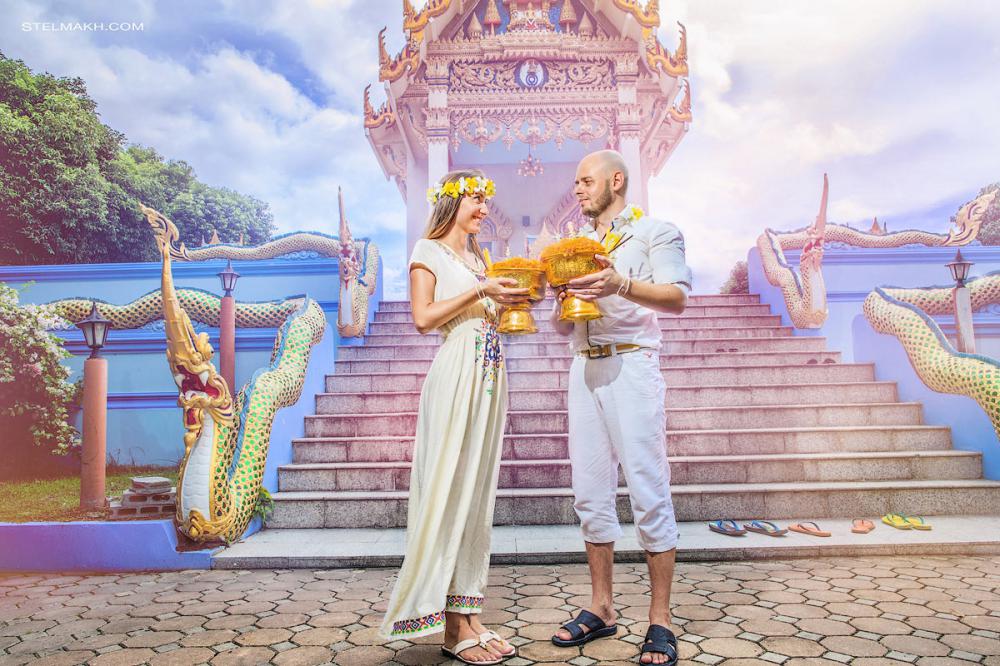 Newlyweds after a Buddhist ceremony in the temple. wedding story, samui, thailand