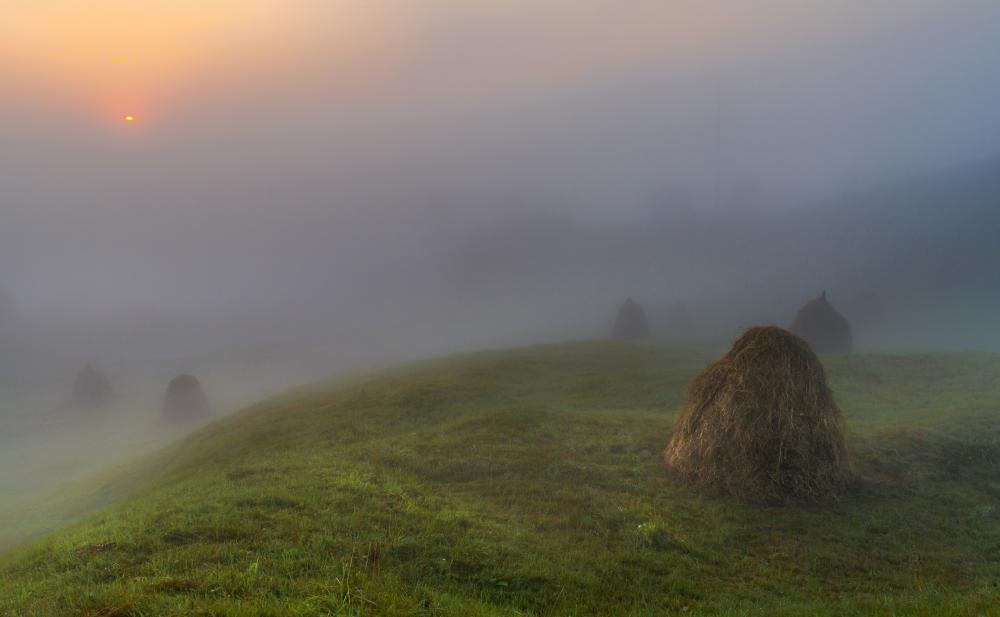 Рiдненькi туман, ранок, сонце, пейзаж, карпати, ясiня, стожок