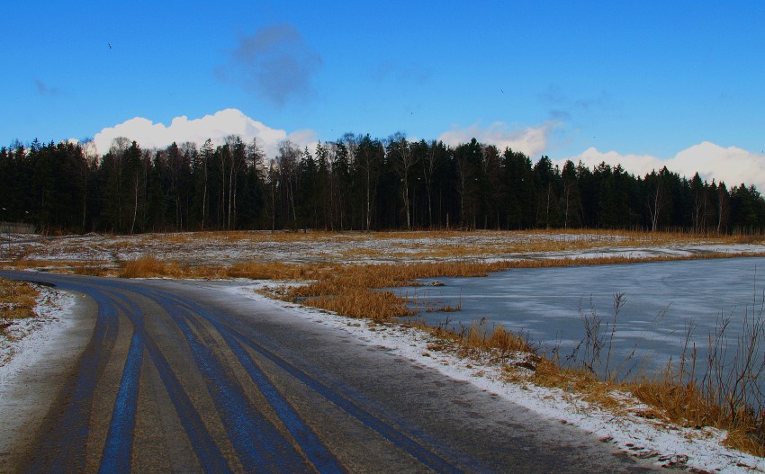после града дорога, облака, отражения, пейзаж, небо, весна, лес