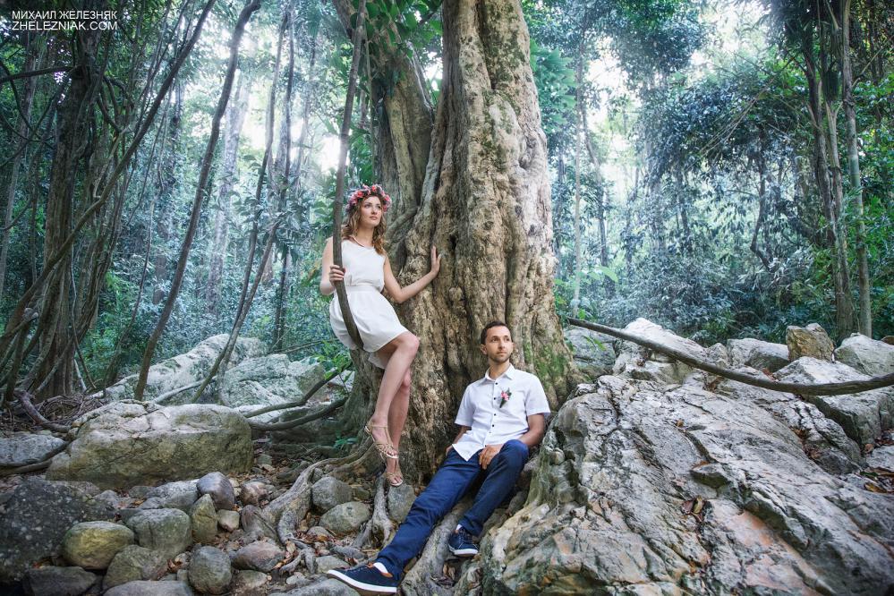 Wedding near waterfall. Ko Samui свадьба, лес, тропики